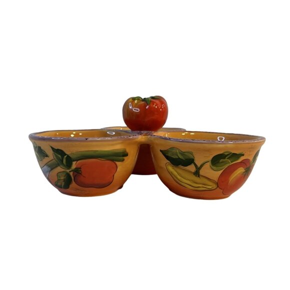 Clay Art TriBowl Tomato Topper Condiment Holder Handpaint Fruit & Veggie Design - Picture 1 of 9